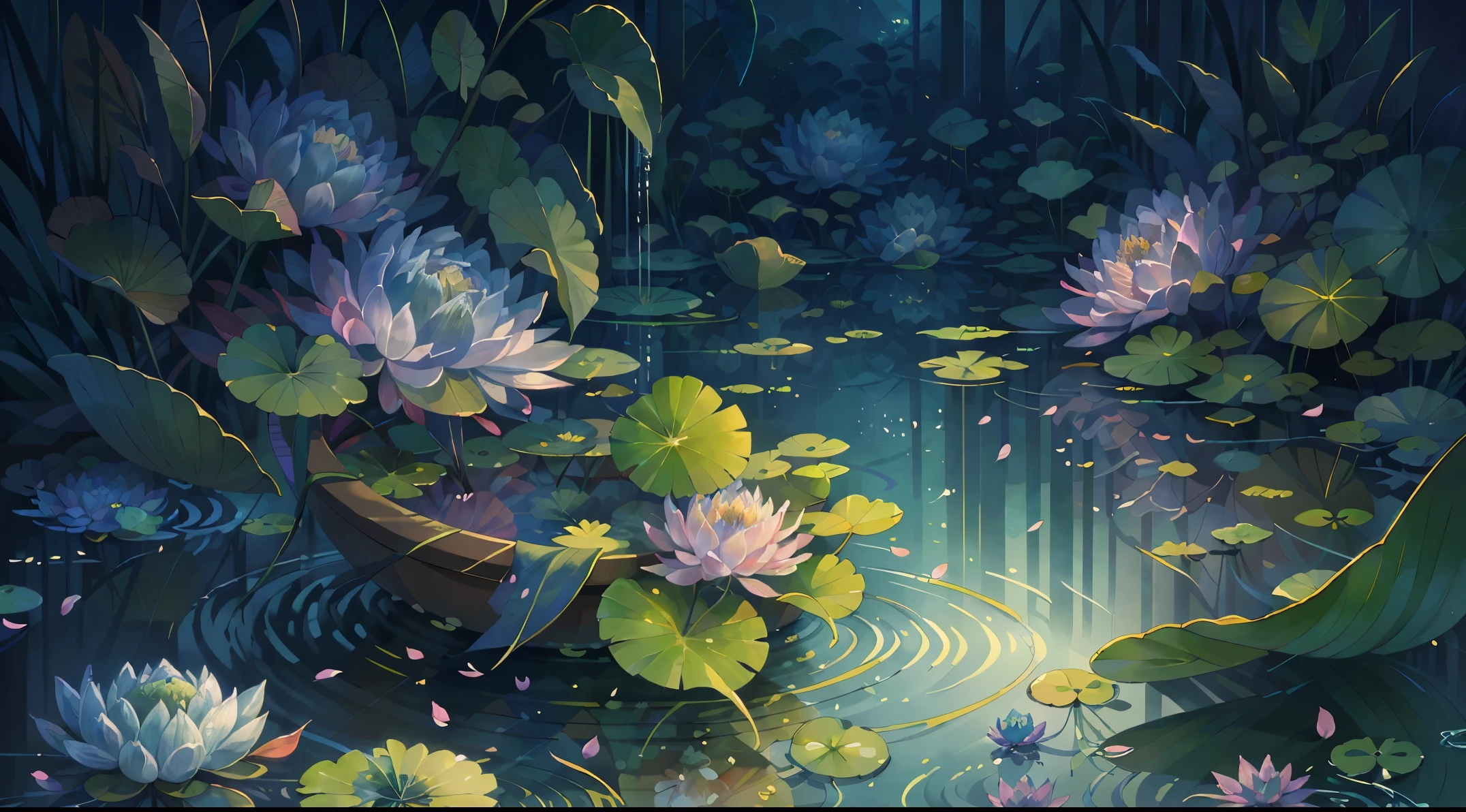Original，（illustratio：1.1），（best qualtiy），（tmasterpiece：1.1），（the Extremely Detailed CG Unity 8K Wallpapers），（a color：1.2），water lilies，Water lily petals，scenecy，rios|Wagas，