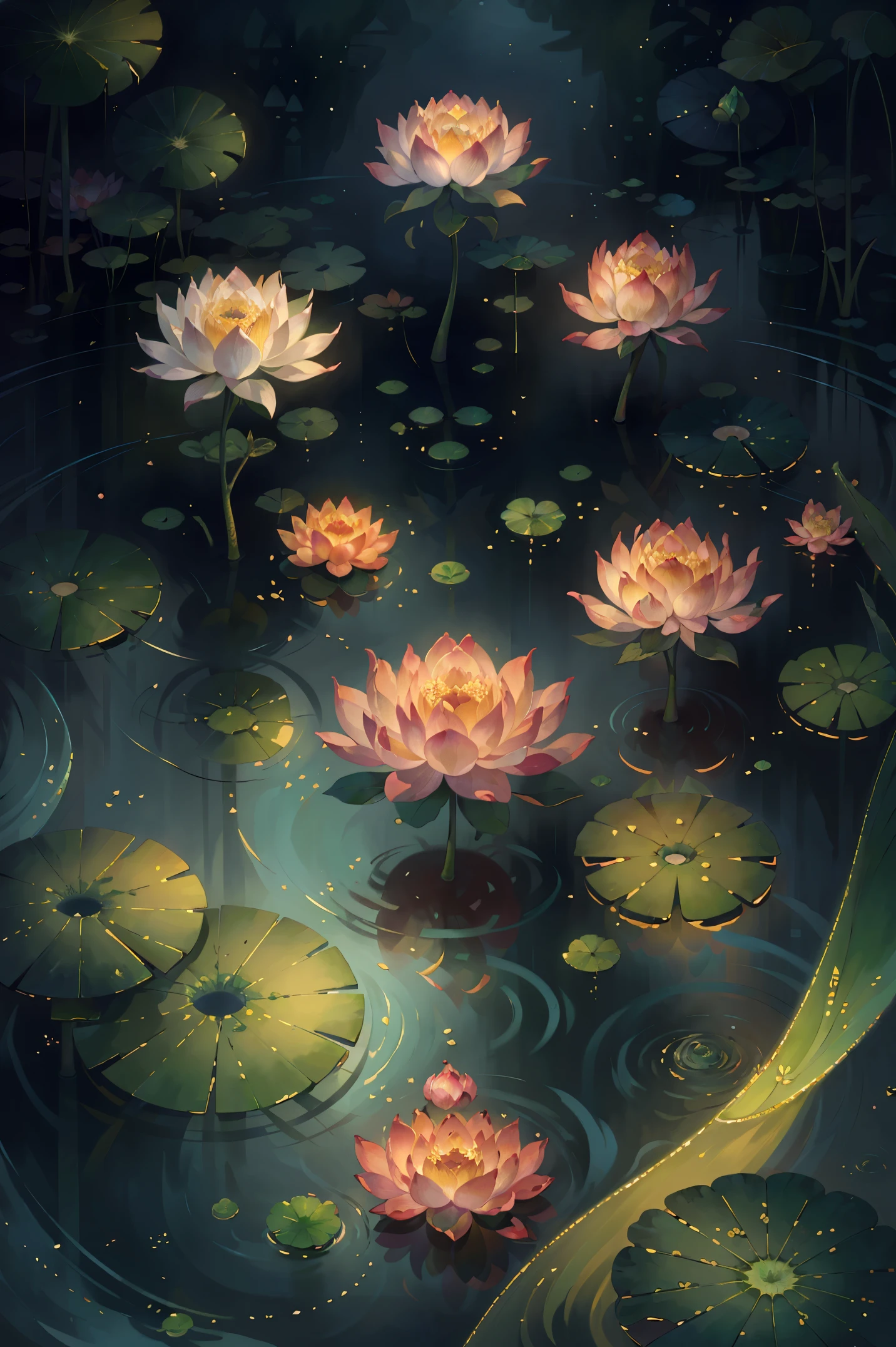 Original，（illustratio：1.1），（best qualtiy），（tmasterpiece：1.1），（the Extremely Detailed CG Unity 8K Wallpapers），（a color：1.2），lotuses，lotus petals，scenecy，rios|Wagas，