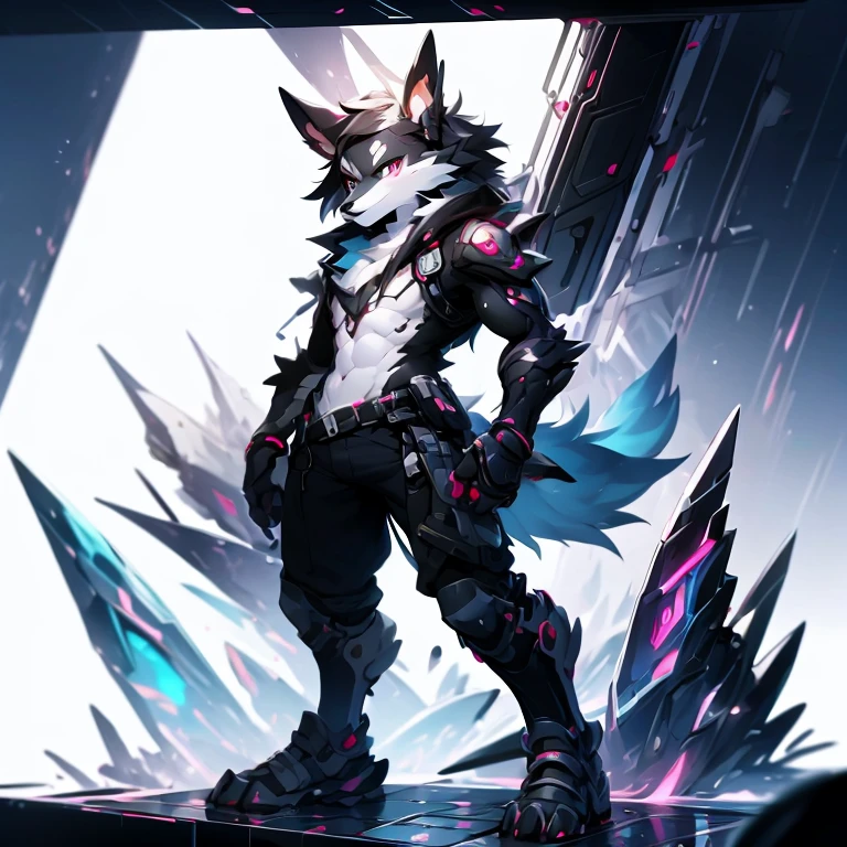 Furry Bernese mountain dog, forelimb, Legs, Standing Shota boy, Overall whitehead, Arms, Body and legs,Blue-black pattern all over,pink flesh pads, eyes and pupils blue, Furry, No clothing, Two ears,Mechanical nanoskin