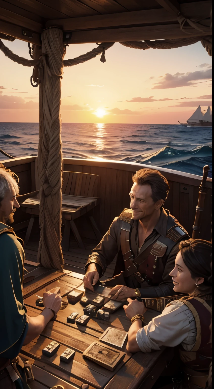 hyper realistic scene of Julius Caesar playing dice with pirates on the deck of a ship, with friendly smiles and a competitive spirit, sunset over the sea, detailed textures of old wood and fabrics
