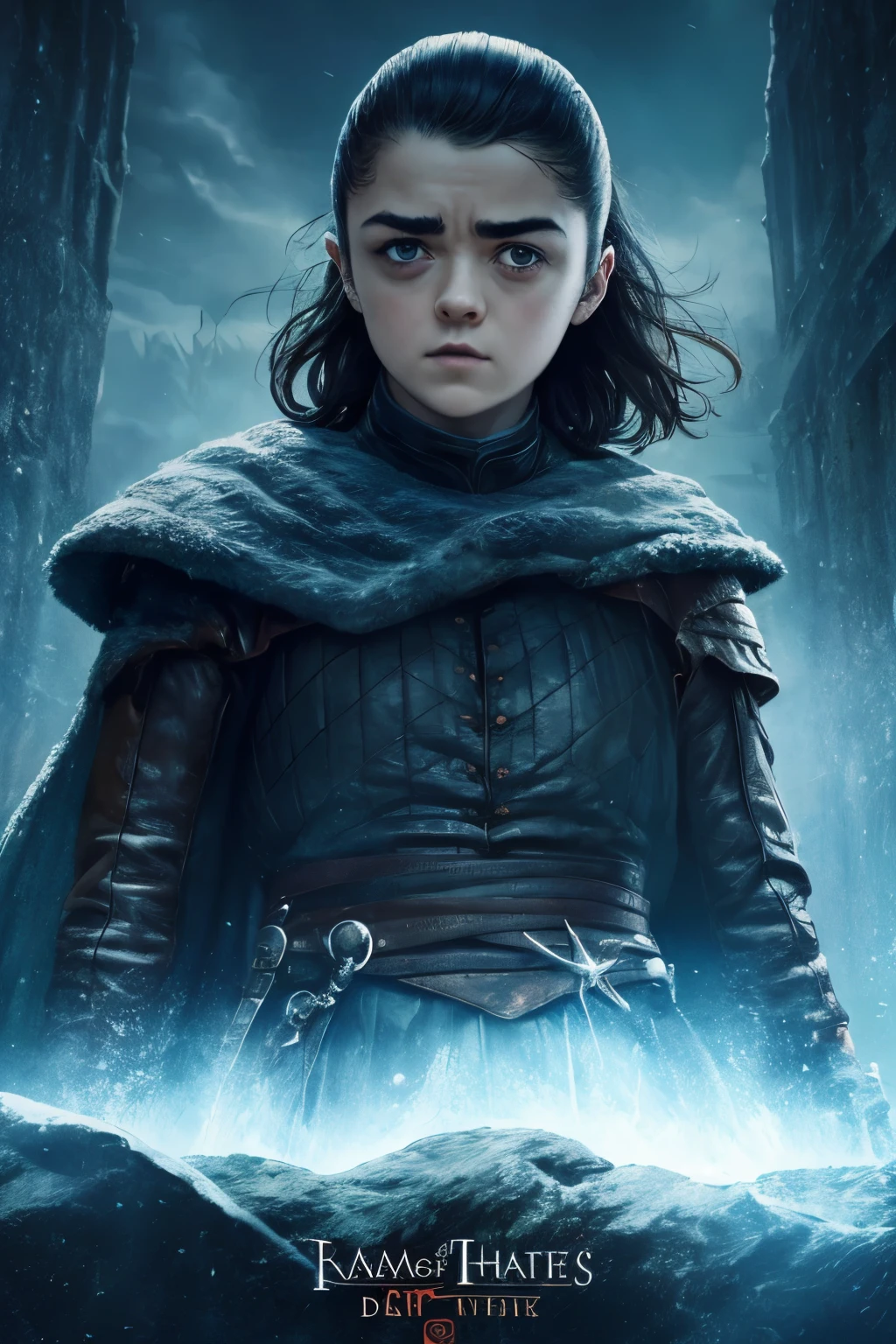 cinematic poster, Arte centrada, 1 girl, solo, ((sozinho)), (((only one character))),  Arya Stark, Rosto de Maisie Williams, rosto de Arya Stark, fantasia de arya stark, Roupas de Arya Stark, A Guerra dos Tronos,,  Game of Thrones, Gothic colors, climate of tension and terror, Adobe Illustration, trending on ArtStation, 8k, disco Rigido , master part, arte linda, detalhes intrincados.