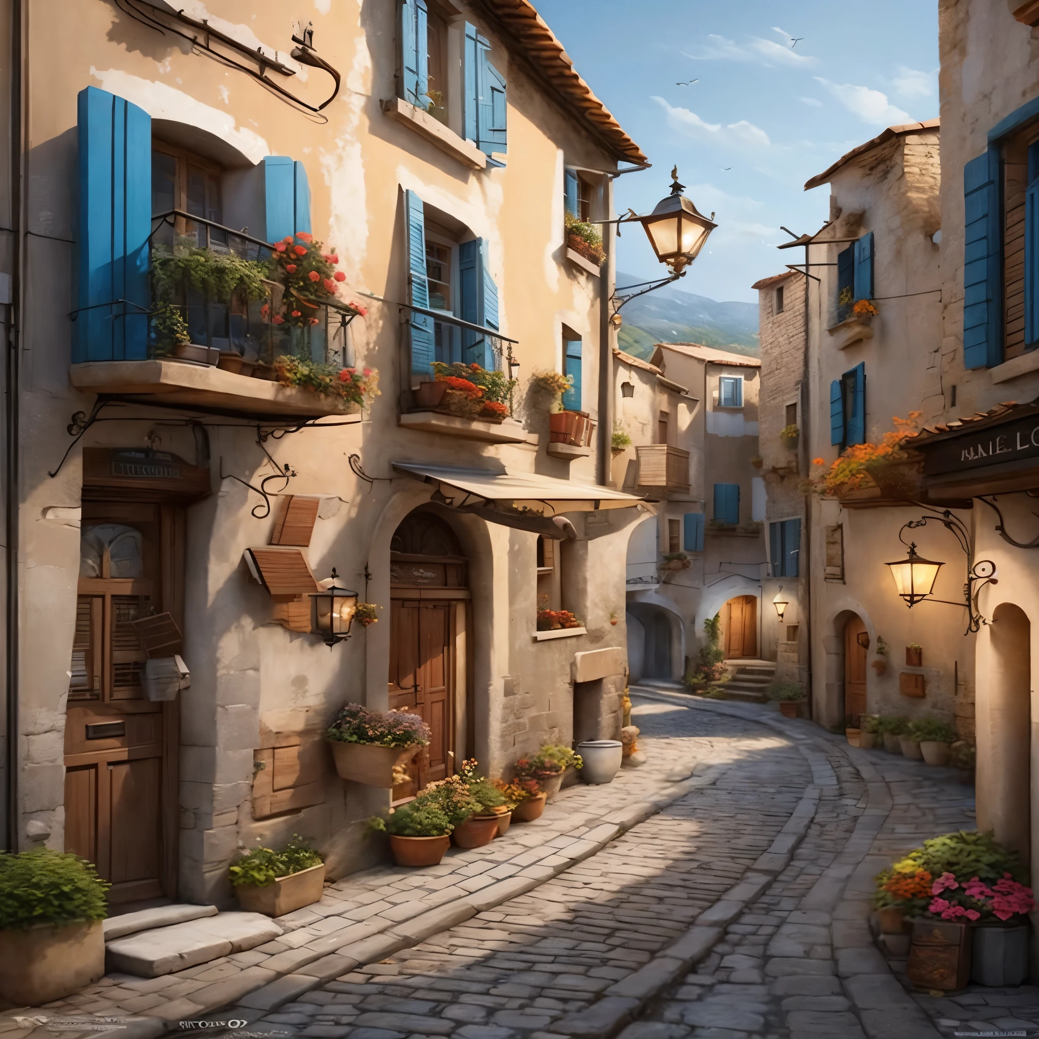 a close up of a street with a building and a lamp, french village exterior, photorealistic streetscape, french village interior, quaint village, outdoors european cityscape, by Marek Okon, inspired by Evgeny Lushpin, detailed street, by Evgeny Lushpin, inspired by Carl Spitzweg, buildings photorealism, beautiful 3 d concept art