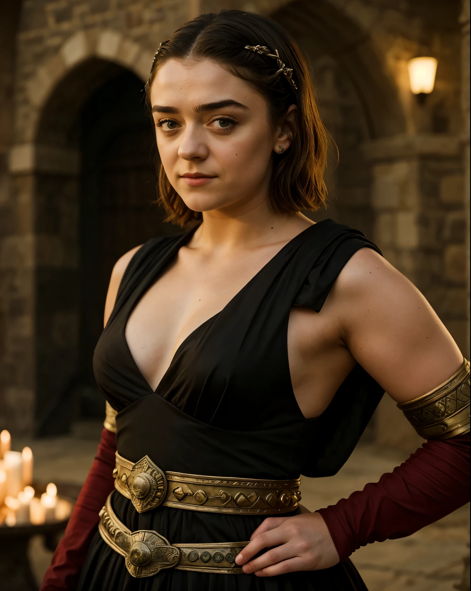 Foto RAW, RAW photograph of Maisie Williams, Arya Stark, mediaeval world cinematic background, Extremely gorgeous lady, Arya Stark PLAYED BY MAISIE WILLIAMS, Queen Arya Stark, she a mature woman now, milf, sexy mediaeval battle dress, gladiator woman, body, 40 years old Woman, body revealing costumes, perky breast, skin pores, big natural breast, erotic costumes, lusty physique, seductive figure can capture every people's attention, Game of thrones costumes, revealing captivating figure, Mediaeval costumes, revealing clothes, A tomboy, she would rather fence than dance, warrior queen , game of thrones screen caps, Game of Thrones Series, (pele altamente detalhada: 1.2), 8k UHD, DSLR, soft-lighting, alta qualidade, grain of film, Fujifilm XT3, flawless picture, highly detailed, detailed Beauty, intricate, 32k, sharp picture,
