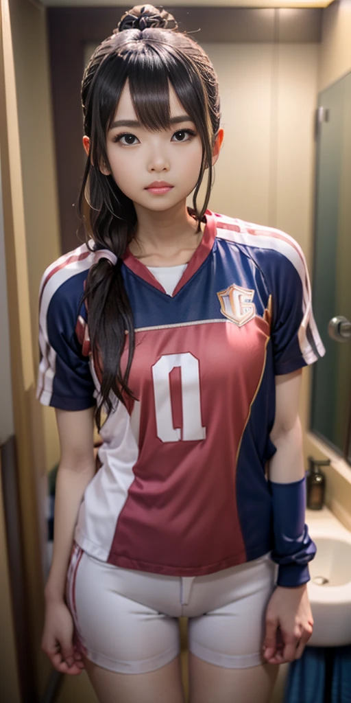 there is a woman standing in a bathroom with a blue shirt, wearing a volleyball jersey, wearing basketball jersey, taejune kim, seseon yoon, shin min jeong, jinyoung shin, heonhwa choe, kim hyun joo, jaeyeon nam, kimi takemura, ulzzang, ji-min, jiyun chae, eiko ishioka