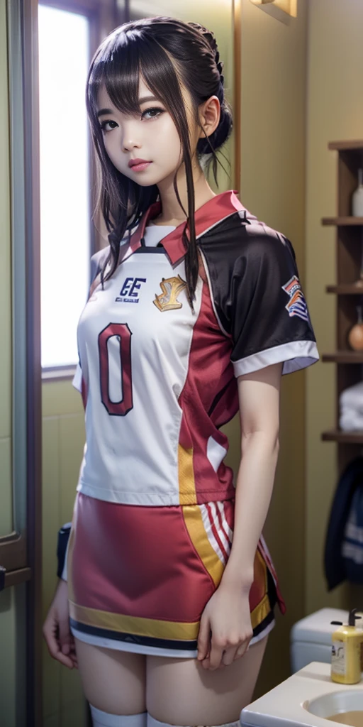 there is a woman standing in a bathroom with a blue shirt, wearing a volleyball jersey, wearing basketball jersey, taejune kim, seseon yoon, shin min jeong, jinyoung shin, heonhwa choe, kim hyun joo, jaeyeon nam, kimi takemura, ulzzang, ji-min, jiyun chae, eiko ishioka