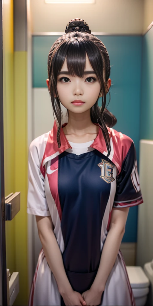 there is a woman standing in a bathroom with a blue shirt, wearing a volleyball jersey, wearing basketball jersey, taejune kim, seseon yoon, shin min jeong, jinyoung shin, heonhwa choe, kim hyun joo, jaeyeon nam, kimi takemura, ulzzang, ji-min, jiyun chae, eiko ishioka