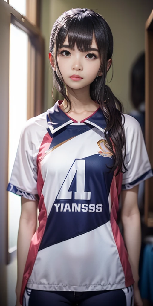 there is a woman standing in a bathroom with a blue shirt, wearing a volleyball jersey, wearing basketball jersey, taejune kim, seseon yoon, shin min jeong, jinyoung shin, heonhwa choe, kim hyun joo, jaeyeon nam, kimi takemura, ulzzang, ji-min, jiyun chae, eiko ishioka