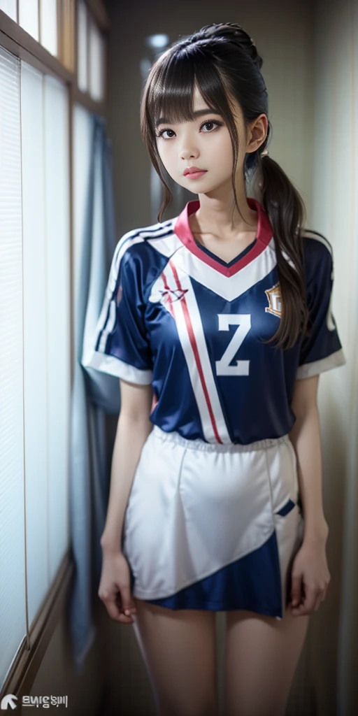 there is a woman standing in a bathroom with a blue shirt, wearing a volleyball jersey, wearing basketball jersey, taejune kim, seseon yoon, shin min jeong, jinyoung shin, heonhwa choe, kim hyun joo, jaeyeon nam, kimi takemura, ulzzang, ji-min, jiyun chae, eiko ishioka