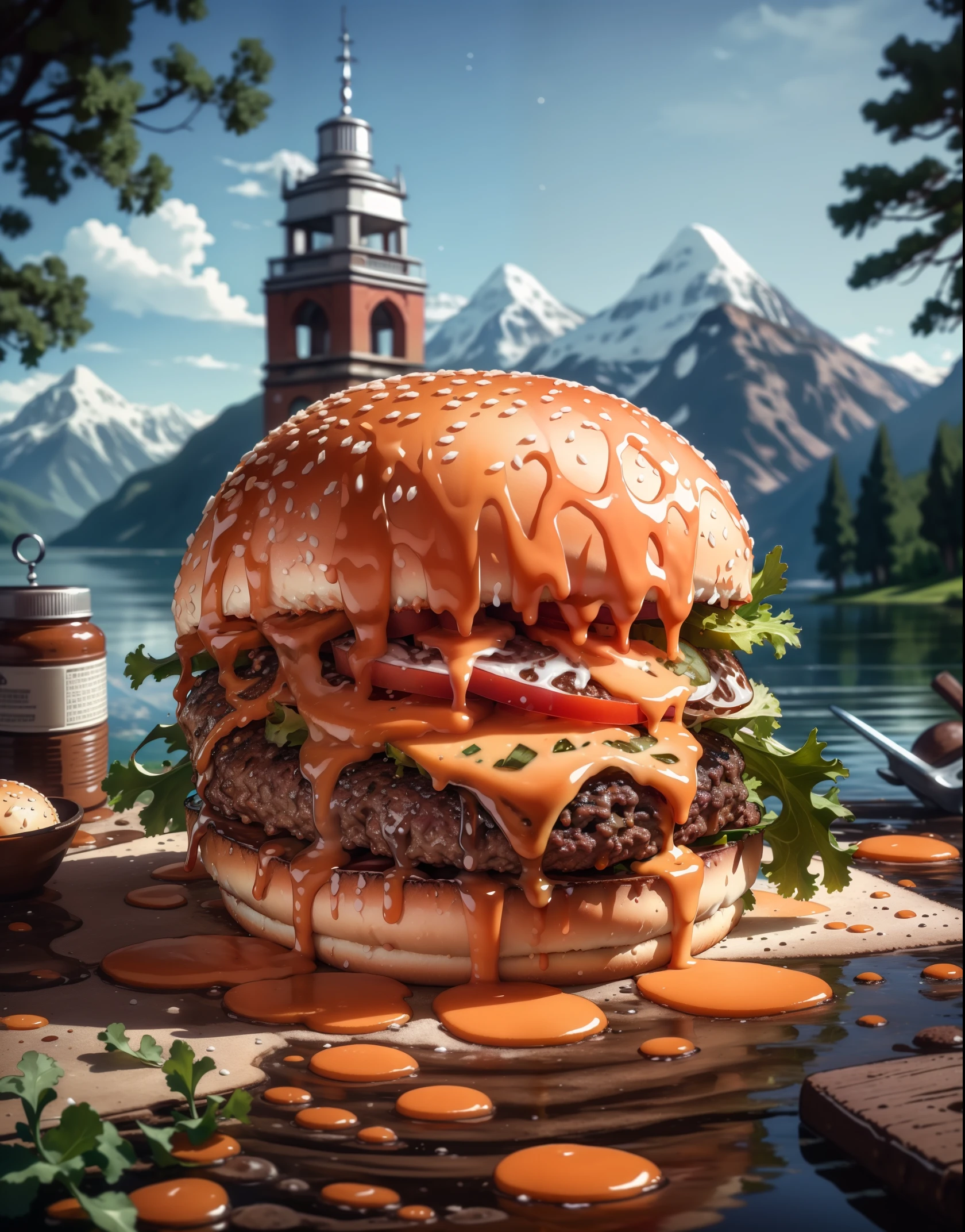 (masterpiece, top quality, best quality, beautiful and aesthetic:1.2), extremely detailed, highest detailed,humburger,burger photo, white background, scenery, ink, mountains, water, trees