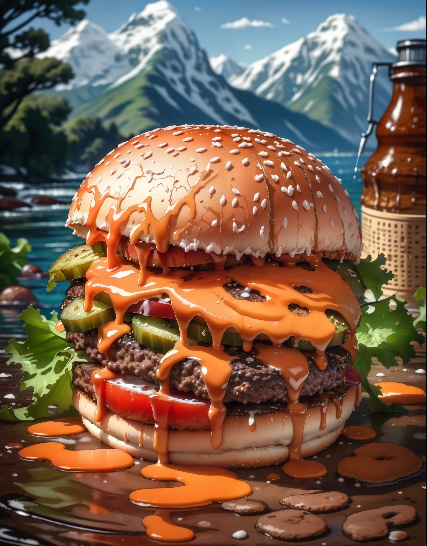 (masterpiece, top quality, best quality, beautiful and aesthetic:1.2), extremely detailed, highest detailed,humburger,burger photo,  white background, scenery, ink, mountains, water, trees