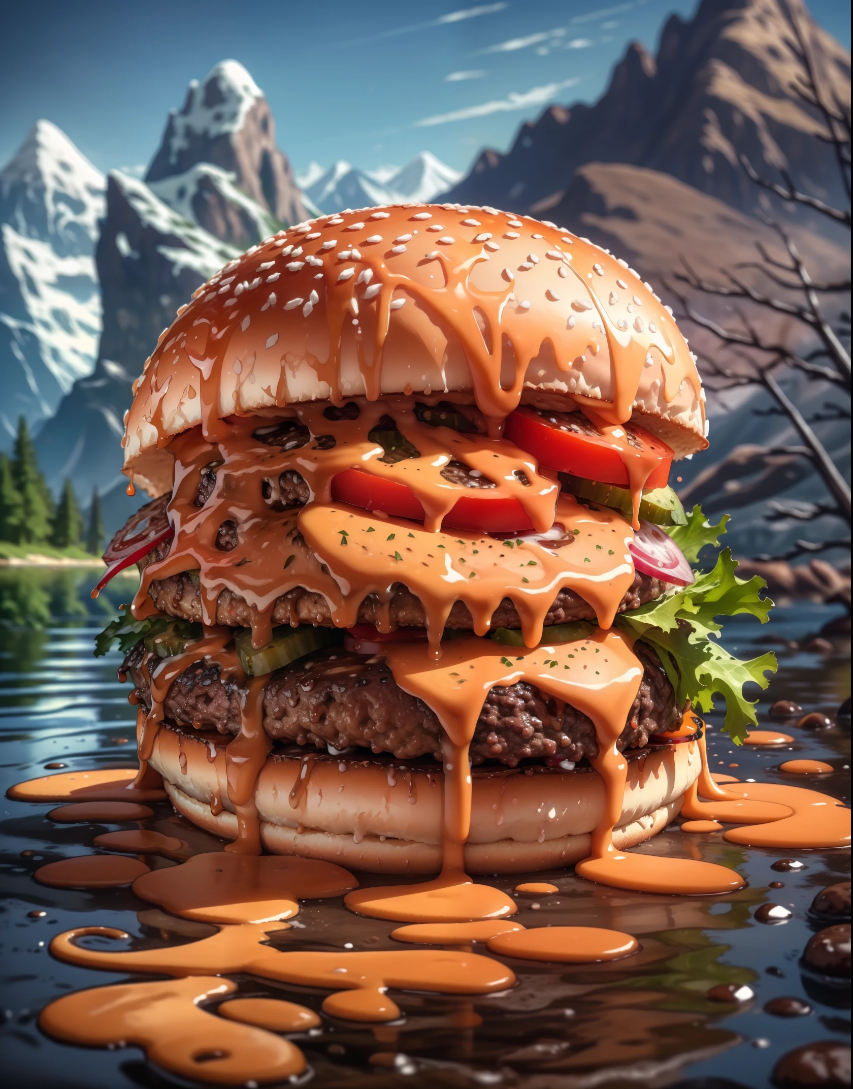 (masterpiece, top quality, best quality, beautiful and aesthetic:1.2), extremely detailed, highest detailed,humburger,burger photo,  white background, scenery, ink, mountains, water, trees