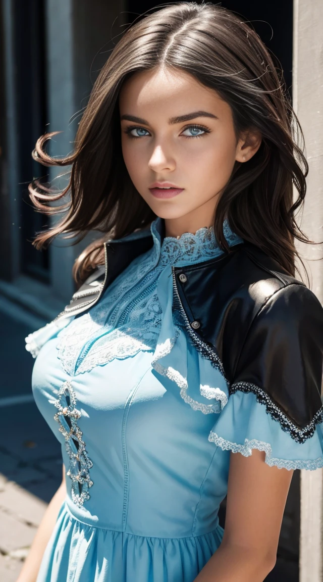 (black riders jacket:1.1), (masterpiece, best quality, pretty girl, beautiful face, 8k, raw photo, photorealistic, absurdres:1.2), teens, cowboy shot, dutch angle, facelight, film grain, chromatic aberration, highres, ultra detailed, finely detail, light blue frilled lace dress, detailed skin and eyes and face, sharp pupils, realistic pupils, sharp focus, street