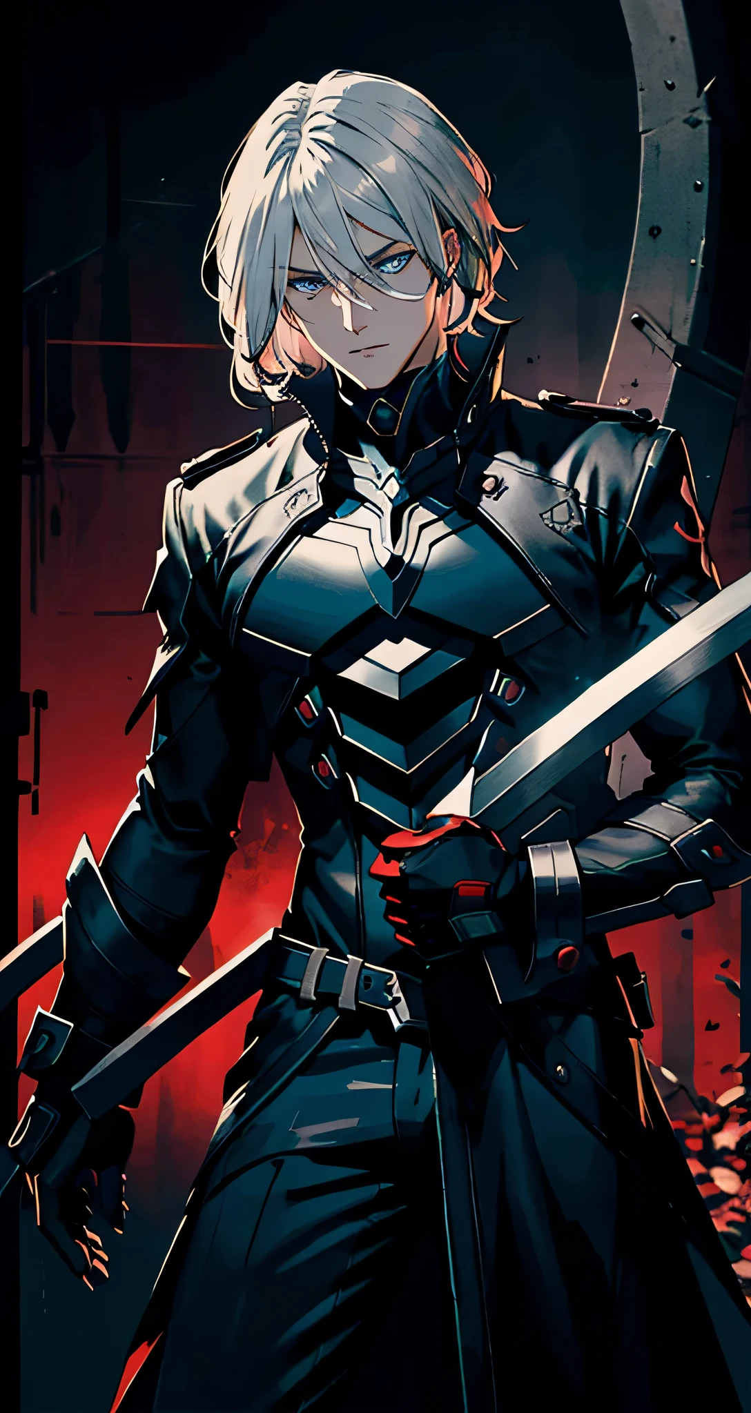 Generate an image of Raven Nightshade, a captivating character- male with striking blue eyes and tousled blond hair. Emphasize the mysterious and slightly eerie aura surrounding him, balancing the fine line between fear and fascination. Capture the essence of his allure, making sure his presence leaves a lingering impression. Mysterious, wallpaper art, highly detailed comic dark mature, blurry, red shadows, night