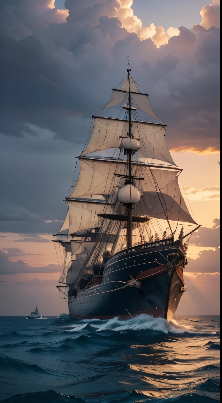 hyper realistic depiction of a ship sailing towards a pirate fortress with a determined (25 year-old Julius Caesar) on deck, commanding his crew, triumphant stance, high-detail sails and ropes against a dawn sky