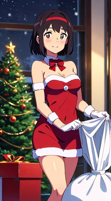 shinkai makoto, kimi no na wa., 1girl, bangs, black hair, blush, bright eyes, brown eyes, looking at the viewer, red bow, red headband, red ribbon, short hair, medium breasts, solo, indoors, shiny skin, smile, happy, beautiful, parfect anatomy, perfect hands, Christmas tree, Santa Claus costume, Sweet face, Red Christmas Dresses, candy cane stockings, Against the background of winter scenery, perfect hands, snow, steam, night