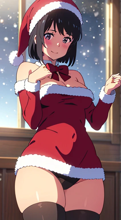 shinkai makoto, kimi no na wa., 1girl, bangs, black hair, blush, bright eyes, brown eyes, looking at the viewer, red bow, red headband, red ribbon, short hair, medium breasts, solo, indoors, shiny skin, smile, happy, beautiful, parfect anatomy, perfect hands, Christmas tree, Santa Claus costume, Sweet face, Red Christmas Dresses, candy cane stockings, Against the background of winter scenery, perfect hands, snow, steam, night