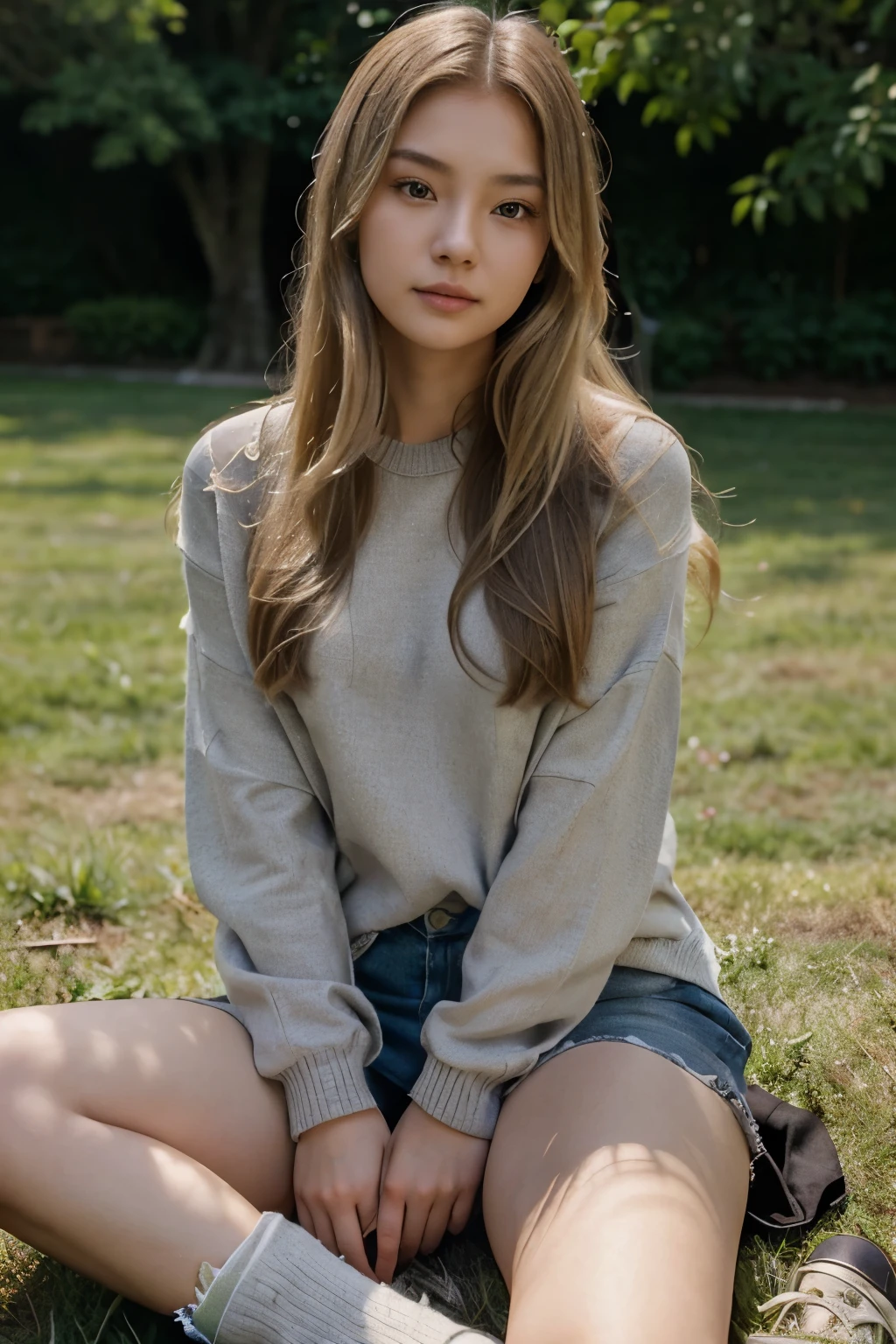 21 year old girl, asian, beautiful, cute, ultrarealistic, medium long hair, blond hair, high quality, butterfly cut, grey sweater, sitting on grass,