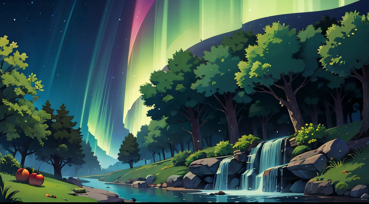 master part, best quality, alta qualidade, CG, 8k, scenecy, Noite, heaven, nuvem, Nobodies ,Lush Forest, cachoeira bonita, Rainbow, imagem de fantasia, Pirilampo, luar, aurora, tree, black snake on tree, herd of apples, alce, veado albino, coelho branco,