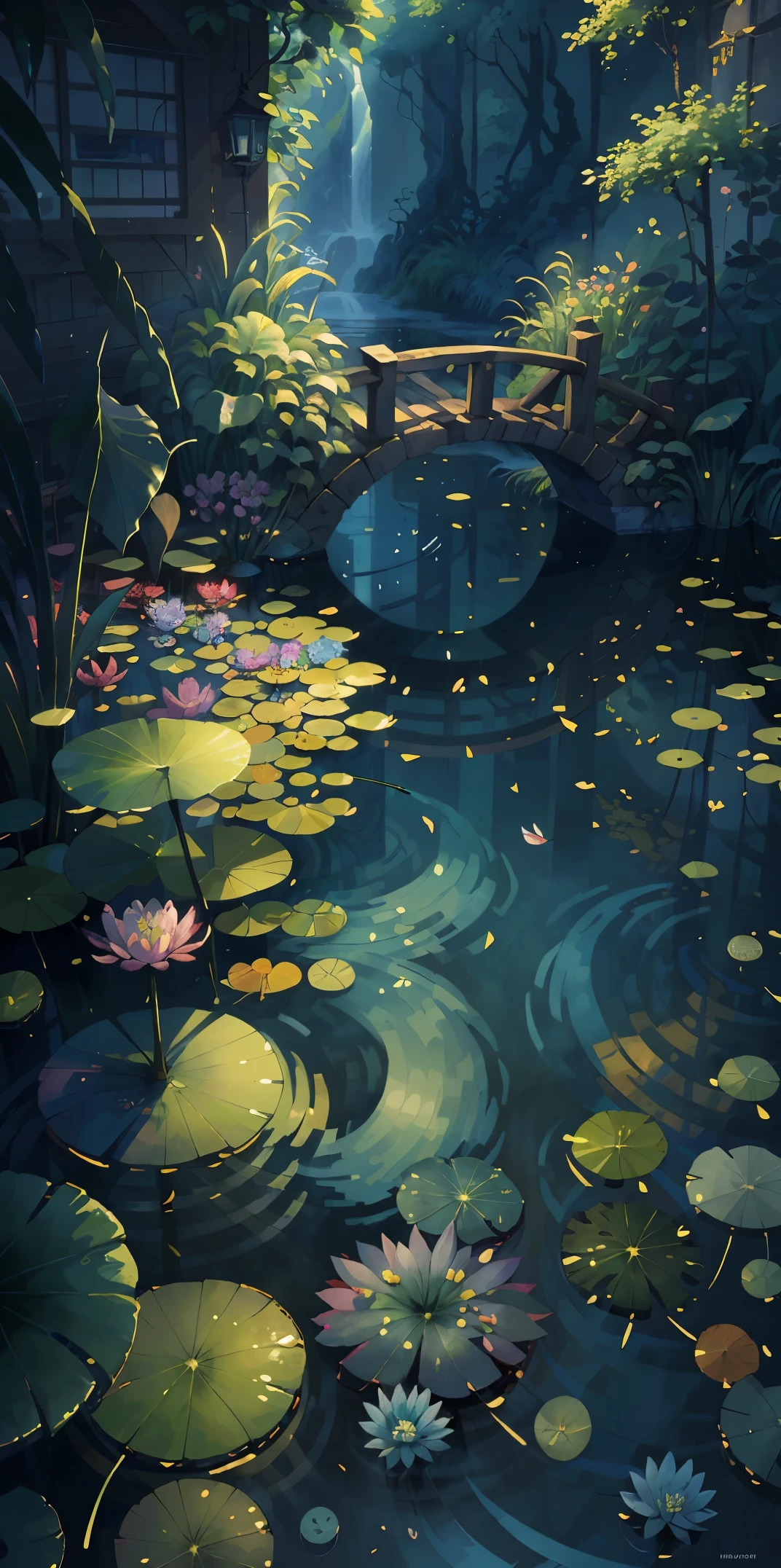 Original，Masterpiece, （illustratio：1.1），（best qualtiy），（tmasterpiece：1.1），（the Extremely Detailed CG Unity 8K Wallpapers），（a color：1.2），water lilies，Water lily petals，scenecy，rios|Wagas，