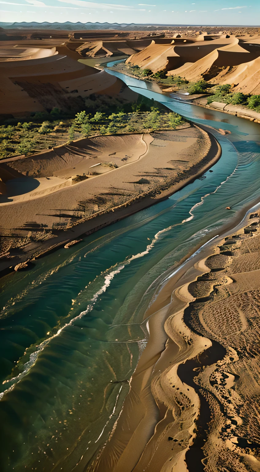 Crie a imagem de um rio no meio do deserto, margens verdes contrastantes com o horizonte arenoso.