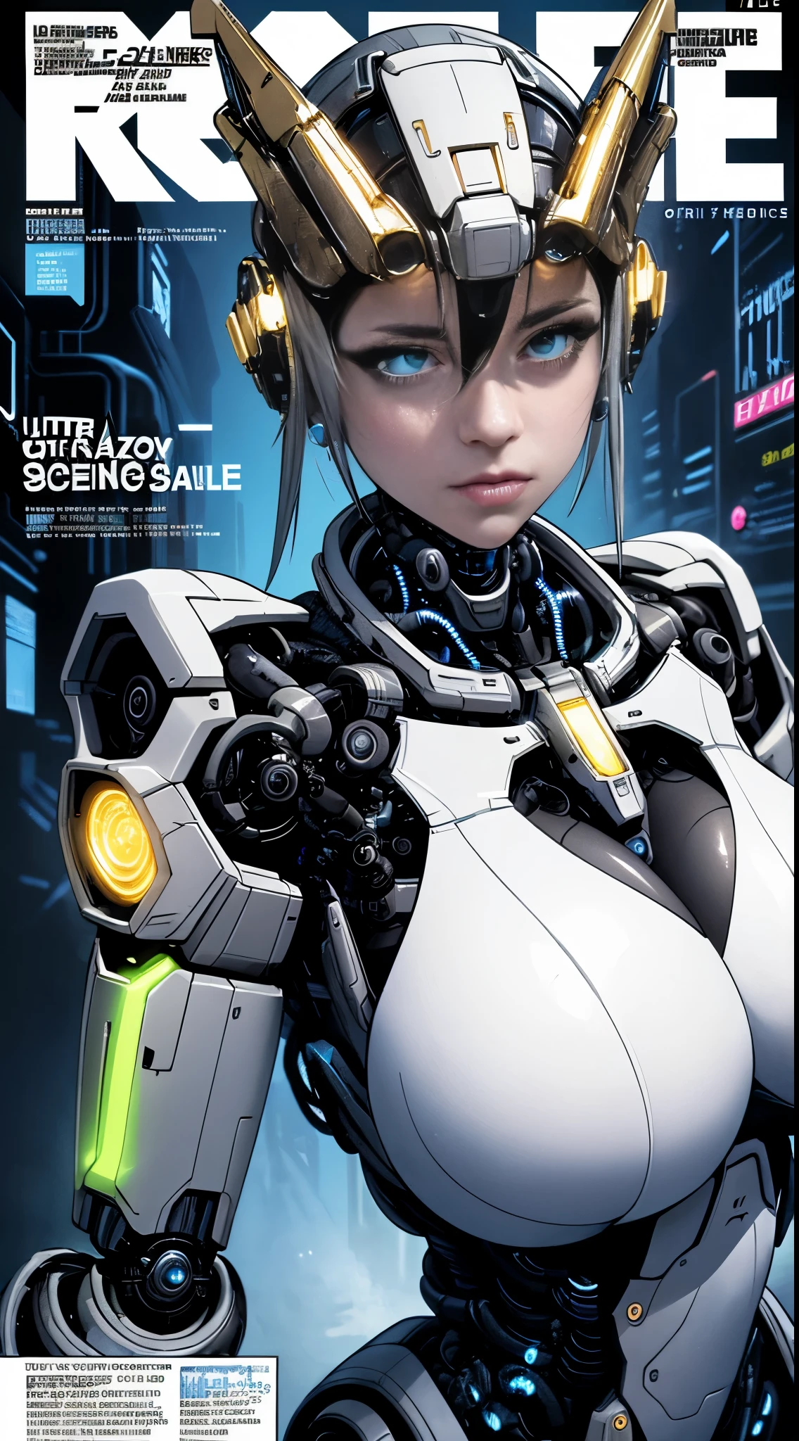 masterpiece, (best quality), (ultra-detailed), (ultra-realistic:1.2), landscape, sci-fi, transistorpunk, cyberpunk, biopunk, (magazine cover:1.4), (gray, white), female robot, visor, earring, mechanical, dynamic pose, dynamic angle, big breasts, luxury, (gold, silver, blue), neon lights, LED lights