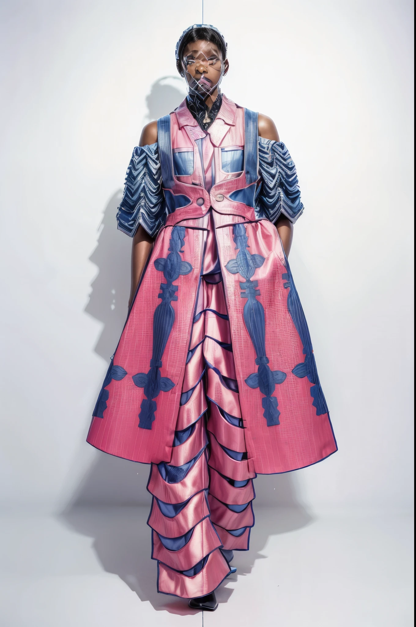 PHOTOREALISTIC a man:1.62, a man in a dress with a frilling skirt, outfit design, detailed fashion, multilayered outfit, full body maximalist details, cold pastel gradient color shift:1.5, full body shot, inspired by Sadao Watanabe, costume with cold pastel gradient color:1.786, full body with costume, in style of nadine ijewere, cypherpunk fashion, realistic photo:1.7, best photo, Surrealism, drop shadow, anaglyph, stereogram, tachi-e, pov, atmospheric perspective, 8k, super detail:1.2, ccurate, best quality
