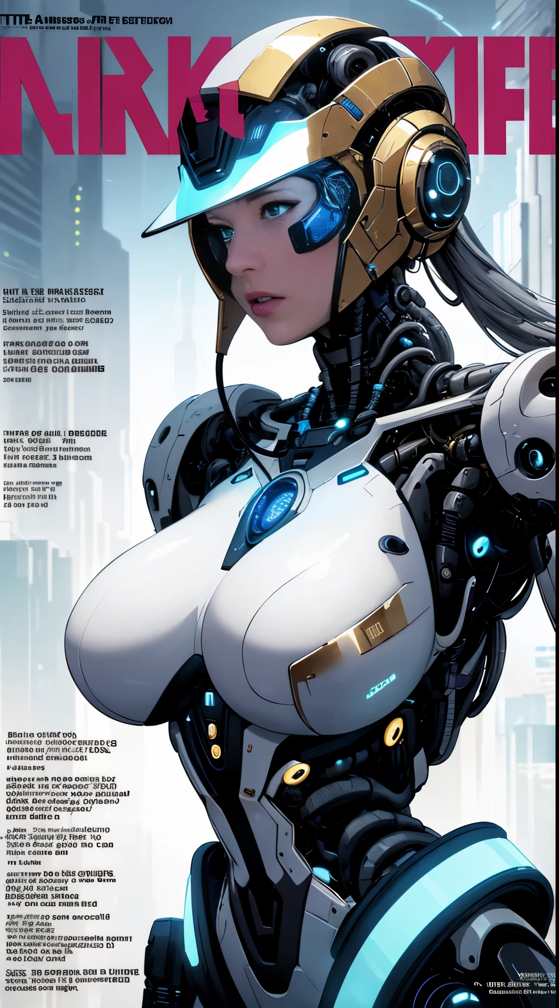 masterpiece, (best quality), (ultra-detailed), (ultra-realistic:1.2), landscape, sci-fi, transistorpunk, cyberpunk, biopunk, (magazine cover:1.4), (gray, white), female robot, visor, earring, mechanical, dynamic pose, dynamic angle, big breasts, luxury, (gold, silver, blue), neon lights, LED lights, nsfw