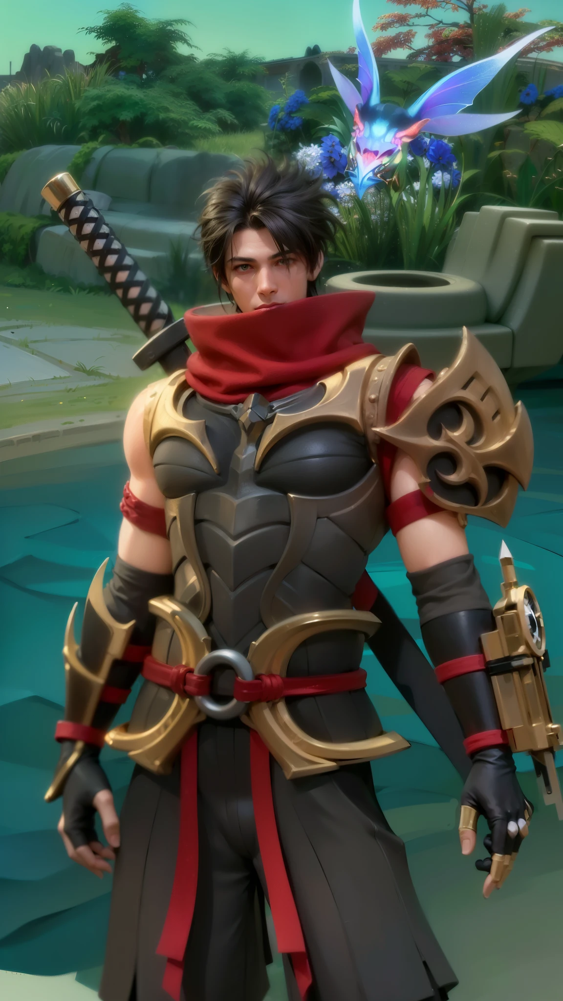 masculine male, masterpiece, ((perfect eyeest quality, (semirealism:1.9), beautiful lighting, (extremely detailed CG unity 4k fhd wallpaper), High Detail, Sharp focus, dramatic outdoors, 1 boy ,19 years old, black hair, light purpel eyes, smile, Attractive profile picture, masterpiece, ultra-precise rendering, beautiful and cool young man, trustworthy, dependable young man, savior of the world, design, most beautiful image, 4K, light green eyes, the color of the clothes is the same as the original, demon ninja, demon armor.