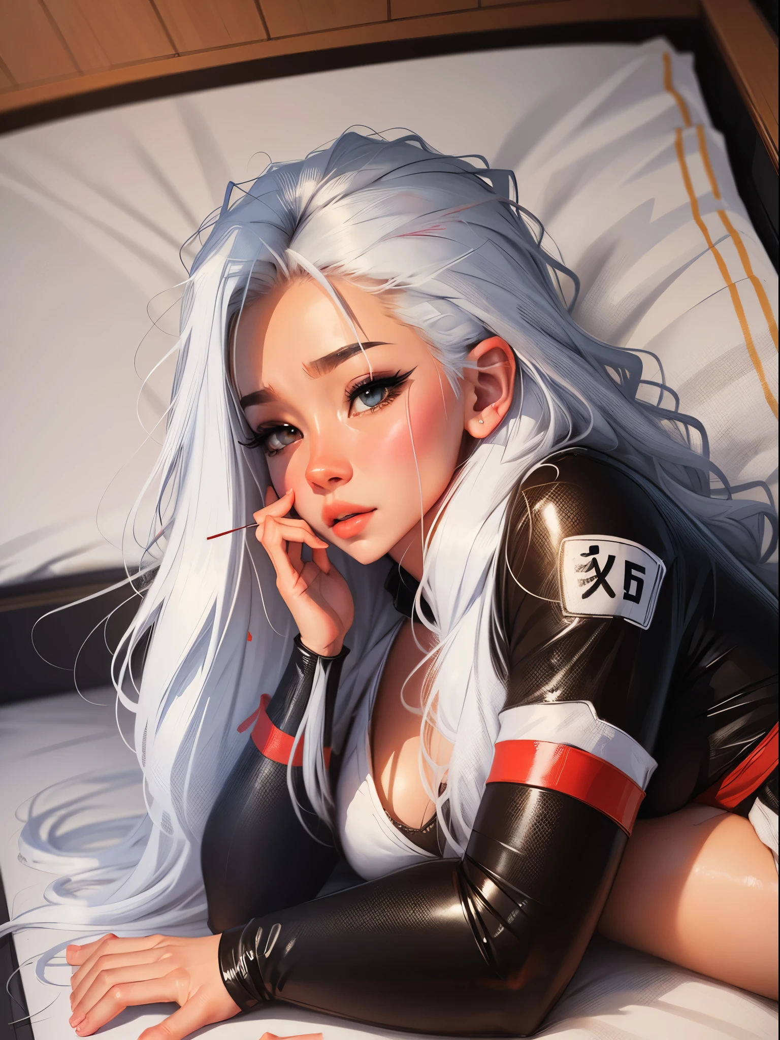 close-up image of a woman lying on a bed with a red ribbon, perfect white haired girl, guweiz, guweiz style artwork, realistic 3d anime style, white haired girl, realistic anime art style, photorealistic anime, smooth anime cg art, style anime realism, hyper realistic anime, beautiful anime girls, realistic anime art style --auto --s2