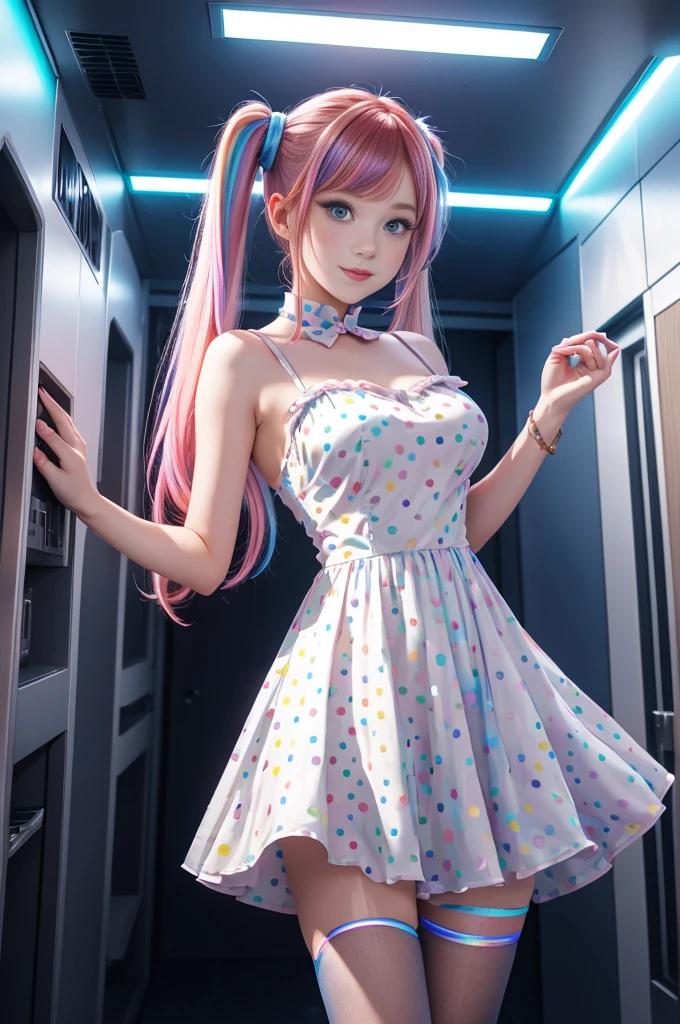 Cute redhead, gravure Idol, with rainbow colored hair tips, ribbons in her hair, 18-year-old woman, happy, in twin tails, perfect symmetrical eyes, clear sparkling blue eyes, pale skin, silky smooth skin, standing on a fancy luxurious space ship, large futuristic corridor, control panels, wood trim, decorative plants, warm lighting, wearing a futuristic party dress, pleated (chemise) mini dress (pastel rainbow colors, and polka dots), wearing full body pantyhose, cute short cut booties.