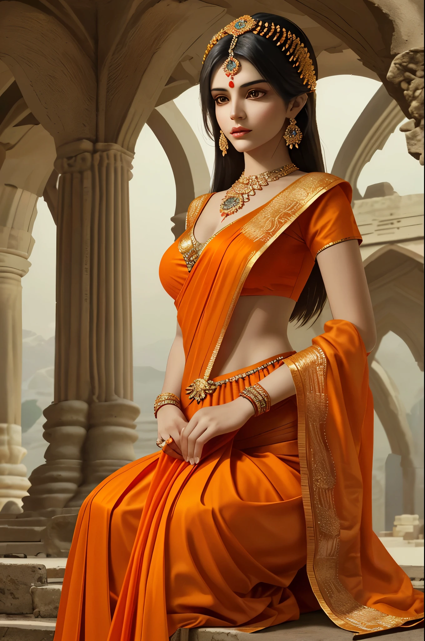 a painting of monica bellucci wearing orange rob like saree and semi naked meditating sitting in ancient india