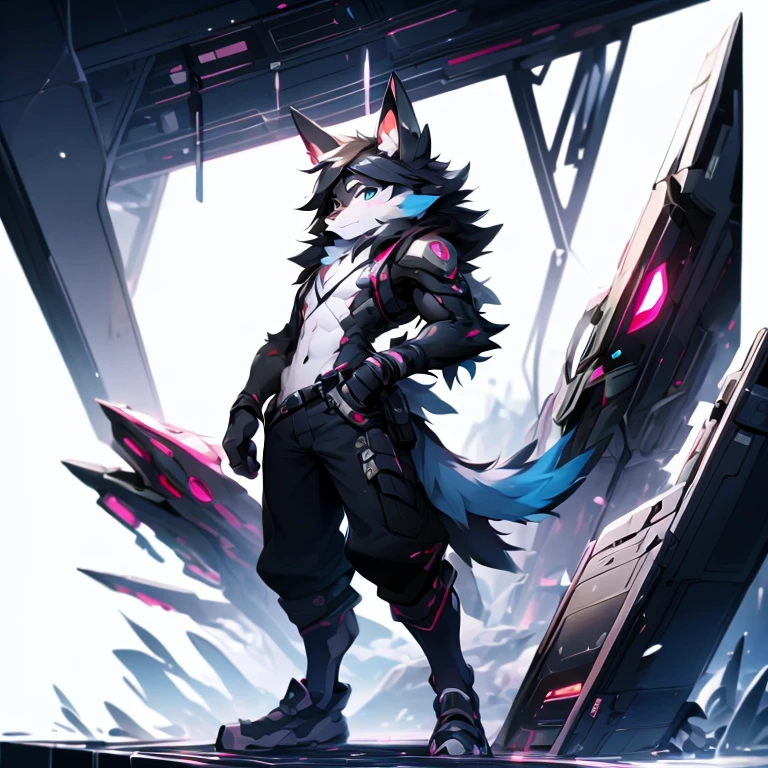 Furry Bernese mountain dog, forelimb, Legs, Standing Shota boy, Overall whitehead, Arms, Body and legs，Blue-black pattern all over，pink flesh pads, eyes and pupils blue, Furry, No clothing, Two ears，Mechanical nanoskin