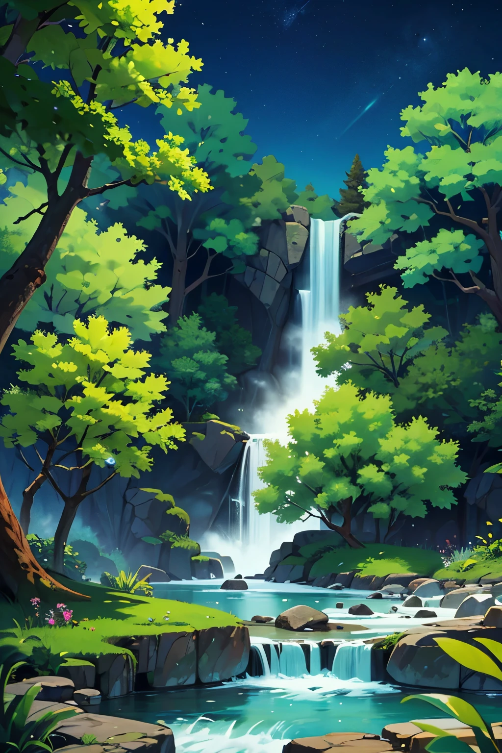 master part, best quality, alta qualidade, CG, 8k, scenecy, Noite, heaven, nuvem, Nobodies ,Lush Forest, cachoeira bonita, imagem de fantasia, Pirilampo, luar, tree,