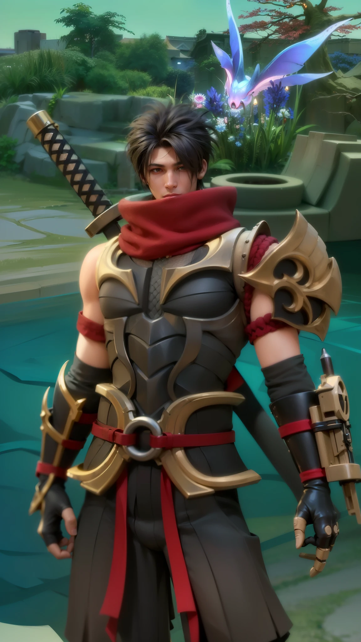 masculine male, masterpiece, ((perfect eyeest quality, (semirealism:1.9), beautiful lighting, (extremely detailed CG unity 4k fhd wallpaper), High Detail, Sharp focus, dramatic outdoors, 1 boy ,19 years old, black hair, light purpel eyes, smile, Attractive profile picture, masterpiece, ultra-precise rendering, beautiful and cool young man, trustworthy, dependable young man, savior of the world, design, most beautiful image, 4K, light green eyes, the color of the clothes is the same as the original, demon ninja, demon armor.