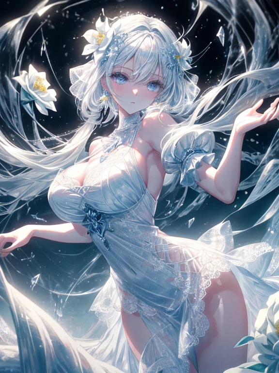 Paradise in Heaven, White lighting,(masutepiece), (Best Quality), (Cinematic), 8K, (art  stations), Li Yue painting style.(長いWhite hairとSilvery eyesを持つ1人の女), (Beautiful delicate face)、[ Particle Lou Full Moon] [Frozen trees々] [landscape crystal] [Lighting] [Ethereal Atmosphere]:1.1] [Fantasy, short story] [soft Lighting] [+Cinematic shot]:1.2 [+art  stations] [+luminous white background] [+soft Lighting] [soft glow] [Creative and dynamic angles]:1.3, [+Crystal Toning] 、masutepiece, ighly detailed, Ultra-detailed, Solo, (pale skin), Silvery eyes, White hair, (snowy background), (snowflake rosen flower:1.0), (shining crystal),, (Snowy ground), (White lashes), Female sexy、dreamy and detailed, Gorgeous setting, 妖しい雰囲気 masutepiece, The most beautiful scenes, An majestic、(((full of white flowers)))、quiet and serene atmosphere、A charming, all white tones,Inside the crystal library,Transparent flowers and falling snow，Many white roses are planted,(flowingwater,falls,water bloom),The decoration is also carefully done.,Dreamy（ighly detailedです，Creative Design，crisp and precise lines，K HD，best qualtiy，tmasterpiece，超hight resolution，4K）、Diverse poses、((beautiful white flower hair ornament))、Beautiful hairstyle、(Best Quality, 4K, 8K, hight resolution, masutepiece:1.2), Ultra-detailed, Detailed expression, Graceful posture, expressive brush strokes, mystic atmosphere, artistic interpretation,Delicate floral jewelry， (((Detailed design、Beautiful lace translucent dress、see-through small dress)))、(SFW:1.5), (Oversized breasts, best body proportions, proportions of large breasts,:1.5),(white decoration on thigh)、((Beautiful crystal accessories on the legs))。((Beautiful crystal accessories on the arm))、(((maikurobikini)))