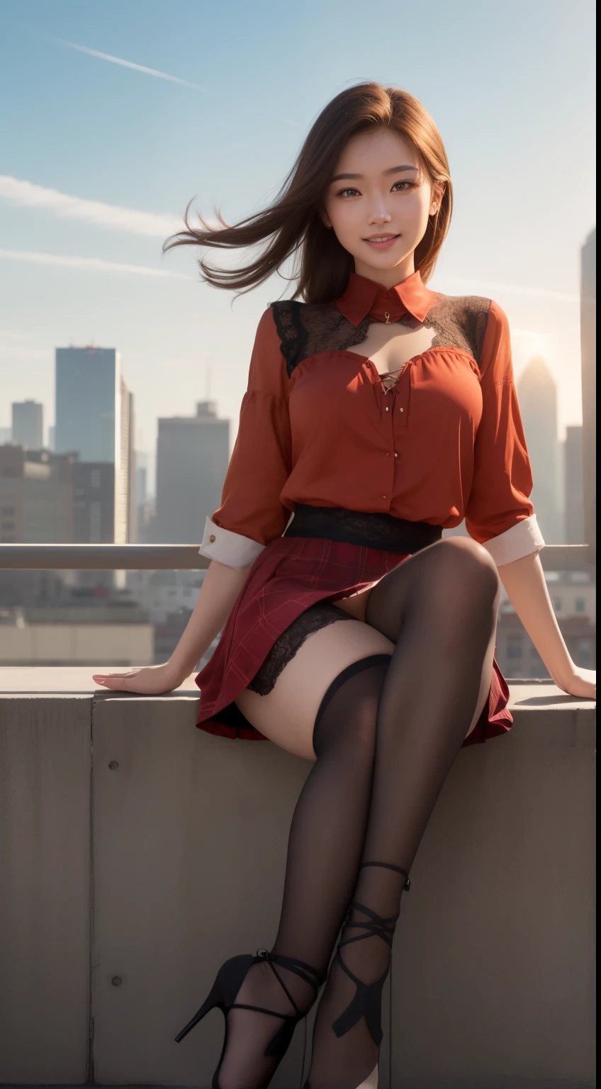 8K, tmasterpiece, RAW photogr, Best quality at best, realisticlying, extremely detailed CG unity 8K wallpaper, depth of fields, 电影灯光, lens flare glow, Ray traching, (Extremely beautiful face, beautifullips, pretty eyes), Intricately detailed face, ((Ultra-delicate skin)) 1 girl, in the darkness nigth, deep shading, beautiful asian girl, 1 girl, (Very slim slender fit-muscled body:1.3), ((looking at viewert)),(Hefty Smile:1.3), (short skirt ), (red mini skirt ),Clear eyes, foot on foot , Front Shooting, (pale-skinned), (Big eyes looking forward, (Red shirt), (brown hair), ((shirt with lace)),,(looking at viewert:1.3) Very slim, medium, (Camel toes), Lace-up black stockings, sThe treet, buildings, The tree, and the sun was shining brightly, (plaid skirtull body photos of high heels