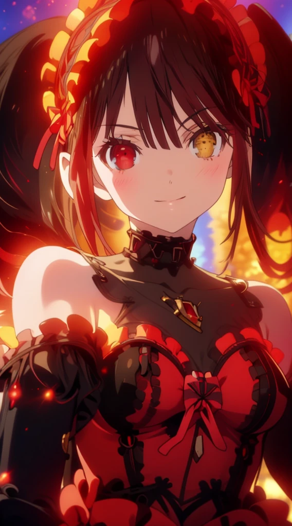 Anime, Kurumi tokisaki del anime date a live, heterochromia, pechos medianos, primer plano, posando, bocacerrada sonriendo, detallado, face of shame, Alta calidad, obra maestra, crimson red right eye, ojos izquiero color amarillo dorado intenso, labios pintados, vestido de gala, coletas, fondo de iglesia