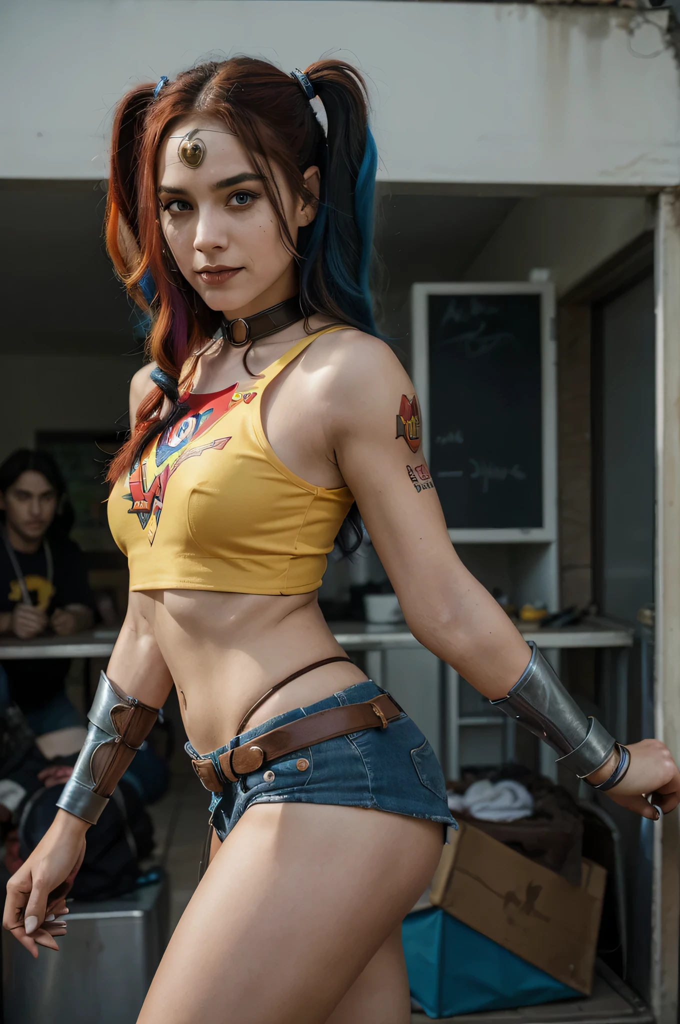 deixar'Let's create a fictional character that combines elements of Harley Quinn and Wonder Woman, resulting in a unique and powerful figure. Nome: Description of Marley Quinn: Marley Quinn is a unique warrior, whose appearance and personality reflect an intriguing mix of Harley Quinn and Wonder Woman traits. Ela possui uma pele de tom escuro, cabelos cacheados e coloridos, and expressive eyes that convey a mix of charm and determination. Her appearance combines elements of Wonder Woman and Harley Quinn'Classic Costumes.. Marley Quinn veste uma armadura em tons vibrantes de vermelho, azul e dourado, inspirado na Mulher Maravilha'Iconic costume, mas com um toque mais moderno e urbano. She wears bold accessories, como luvas estilizadas e botas de combate, Complementing your unique look. Em termos de personalidade, Marley Quinn is a mixture of courage, intelligence and a touch of madness. Ela possui a Mulher Maravilha'determination and justice., Combinado com Harley Quinn'The sarcastic sense of humor and unpredictable nature. Your approach to dealing with challenges is bold and astute, making her a formidable adversary and a loyal ally. Marley Quinn'origin story could explore themes of resilience, self-discovery and redemption. She fights her own internal battles while facing external threats, and his journey is marked by the to balance the duality of his nature. Marley Quinn personifies strength, fun and complexity, offering a unique representation that combines the best of both worlds. She is a defender of justice and freedoing to face challenges with a smile on your face and a brave heart.