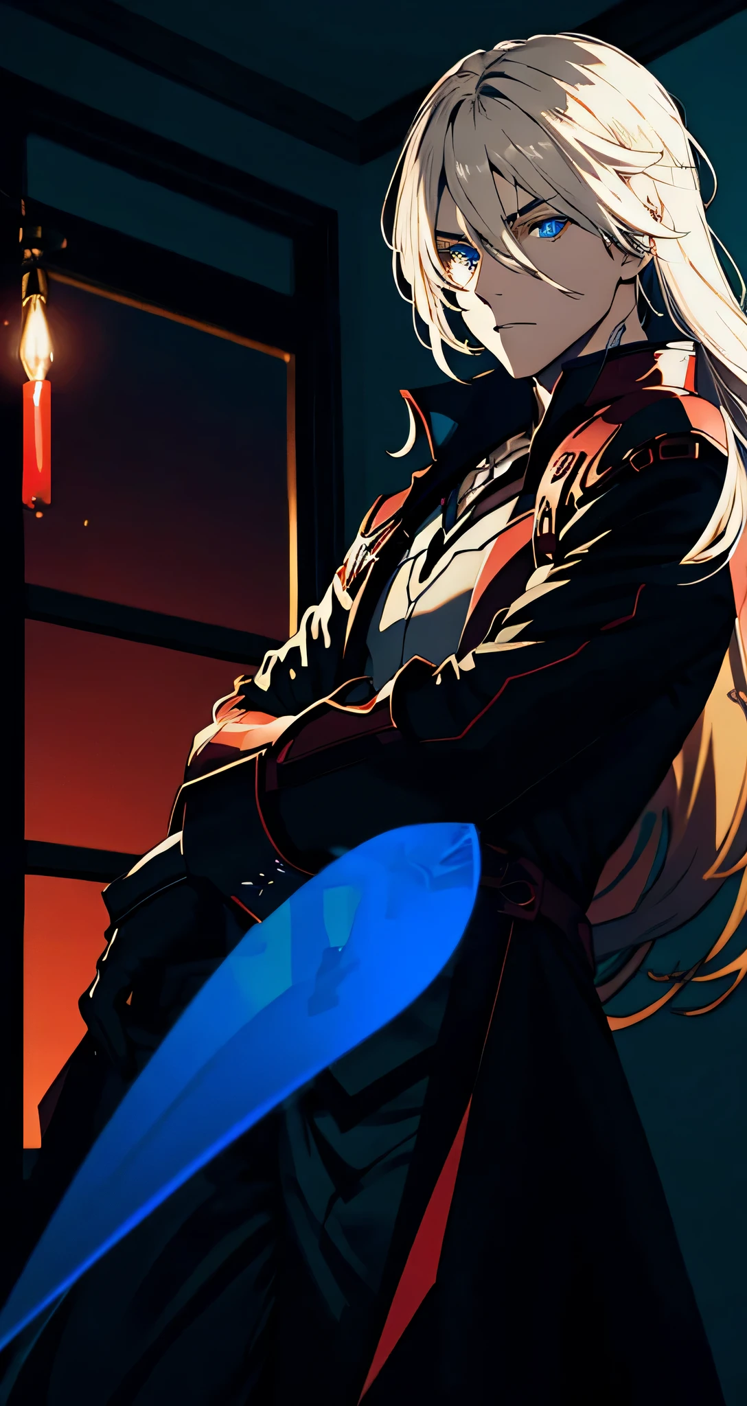 Generate an image of Raven Nightshade, a captivating character- male with striking blue eyes and tousled blond hair. lying facing toward glass Emphasize the mysterious and slightly eerie aura surrounding him, balancing the fine line between fear and fascination. Capture the essence of his allure, making sure his presence leaves a lingering impression. Mysterious, wallpaper art, highly detailed comic dark mature, blurry, red shadows, night