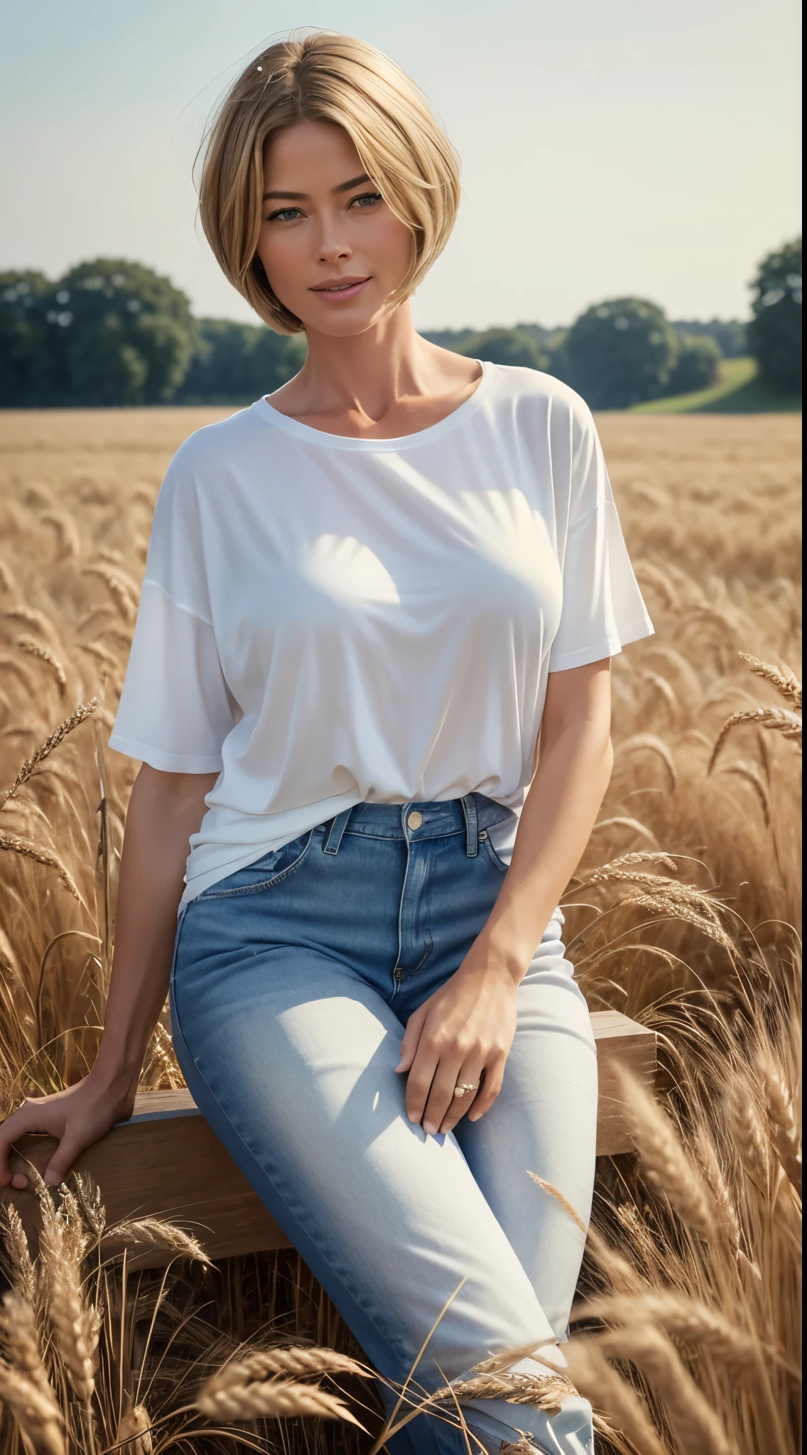 RAW photo of 50 years old Doutzen Kroes, mature woman, masterpiece, best quality, (photorealistic:1.4), full body, (white oversize male t-shirt:1.1), (blue jeans:1.2), brown sandals, sits in a field of ripe wheat, the wheat covers it, summer day,cinematic light, beautiful woman, medium breasts, platinum hair, short short (bob haircut:1.2), wrinkles on the face, smile