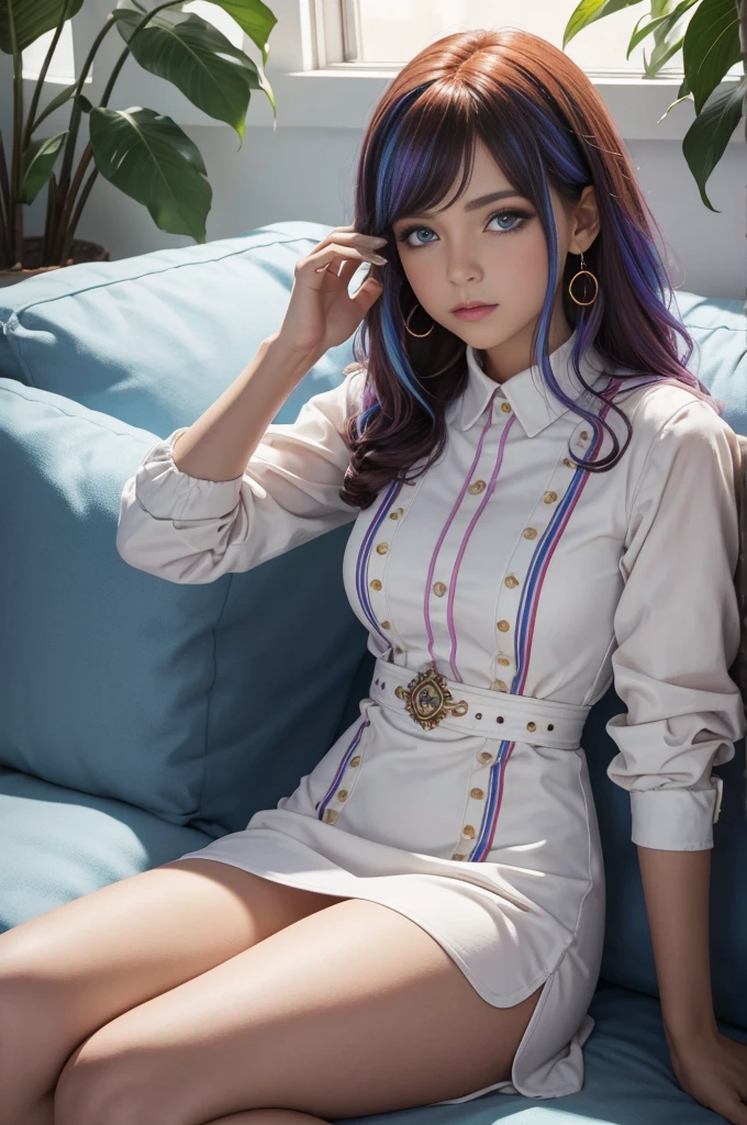 linda pelirroja, huecograbado idol, con puntas de pelo de colores del arco iris, cintas en su cabello, 18 year old female, feliz, en colas gemelas, perfect symmetrical eyes, ojos azules claros y brillantes, Pale skin, sedoso , de pie en una lujosa nave espacial, gran corredor futurista, Paneles de control, adornos de madera, Plantas decorativas, warm lighting, luciendo un vestido corto futurista, Plisado (camisa) Mini vestido (colores pastel del arcoiris, y lunares), usando pantimedias de cuerpo completo, lindos botines de corte corto.