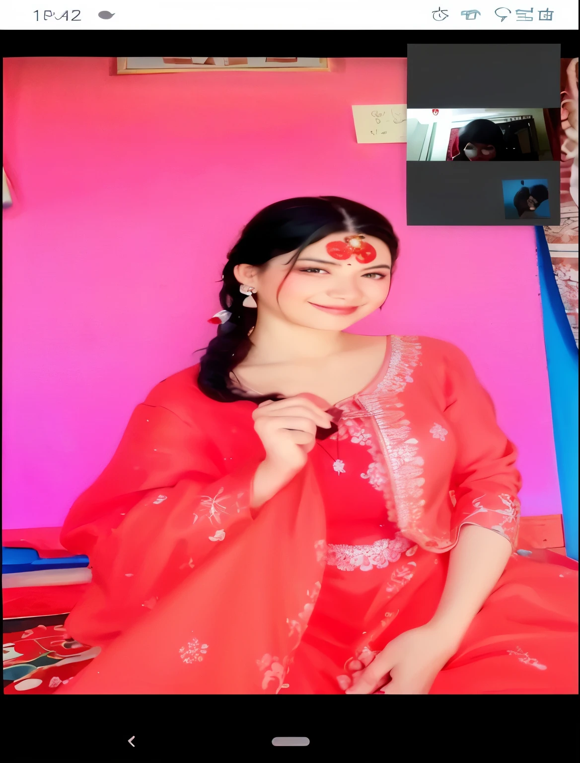 a close up of a woman in a red dress with a red face paint, very very low quality picture, traditional beauty, only red colour, in red background, with a beautifull smile, very beautiful enga style, very beautiful photo, portait photo profile picture, background is heavenly, wearing red attire, * colour splash *, with lovely look, very attractive and beautiful