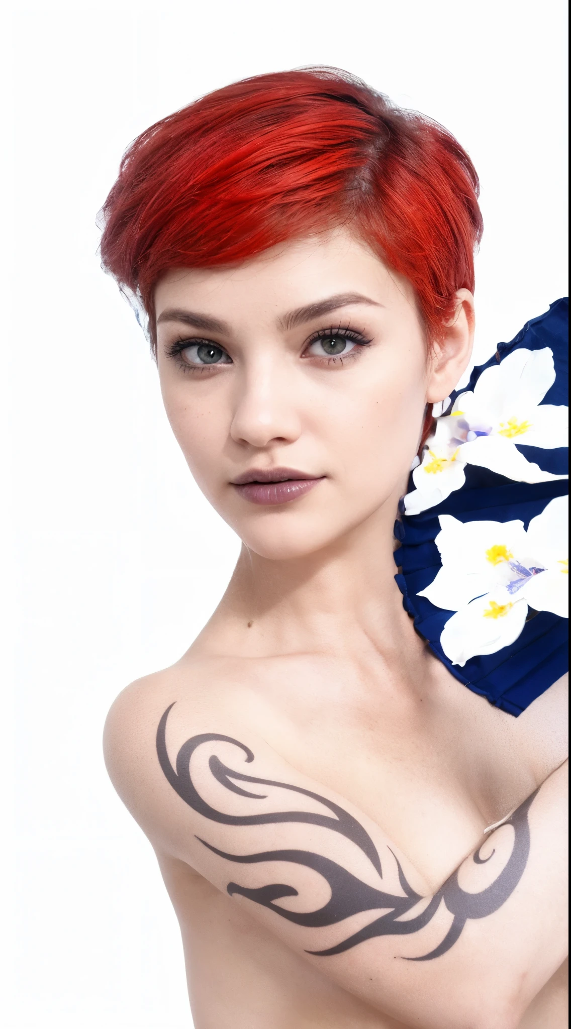 ((Rosto realista, sedutor, Olhar adulto, olhos brancos)), (topo de corte cinza, black underwear, roupas curtas), (cabelo longo ruivo), (30 anos), (1 ), (monochrome style) (ruiva ) (cabelo curto natural) (nariz fino) (olhos perfeitos) (olhos maquiados) (batom escuro)