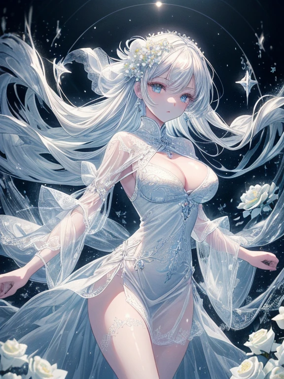 Paradise in Heaven, White lighting,(masutepiece), (Best Quality), (Cinematic), 8K, (art  stations), Li Yue painting style.(長いWhite hairとSilvery eyesを持つ1人の女), (Beautiful delicate face)、[ Particle Lou Full Moon] [Frozen trees々] [landscape crystal] [Lighting] [Ethereal Atmosphere]:1.1] [Fantasy, short story] [soft Lighting] [+Cinematic shot]:1.2 [+art  stations] [+luminous white background] [+soft Lighting] [soft glow] [Creative and dynamic angles]:1.3, [+Crystal Toning] 、masutepiece, ighly detailed, Ultra-detailed, Solo, (pale skin), Silvery eyes, White hair, (snowy background), (snowflake rosen flower:1.0), (shining crystal),, (Snowy ground), (White lashes), Female sexy、dreamy and detailed, Gorgeous setting, 妖しい雰囲気 masutepiece, The most beautiful scenes, An majestic、(((full of white flowers)))、quiet and serene atmosphere、A charming, all white tones,Inside the crystal library,Transparent flowers and falling snow，Many white roses are planted,(flowingwater,falls,water bloom),The decoration is also carefully done.,Dreamy（ighly detailedです，Creative Design，crisp and precise lines，K HD，best qualtiy，tmasterpiece，超hight resolution，4K）、Diverse poses、((beautiful white flower hair ornament))、Beautiful hairstyle、(Best Quality, 4K, 8K, hight resolution, masutepiece:1.2), Ultra-detailed, Detailed expression, Graceful posture, expressive brush strokes, mystic atmosphere, artistic interpretation,Delicate floral jewelry， (((Detailed design、Beautiful lace translucent dress、see-through small dress)))、(SFW:1.5), (Oversized breasts, best body proportions, proportions of large breasts,:1.5),(white decoration on thigh)、((Beautiful crystal accessories on the legs))。((Beautiful crystal accessories on the arm))、(((maikurobikini)))