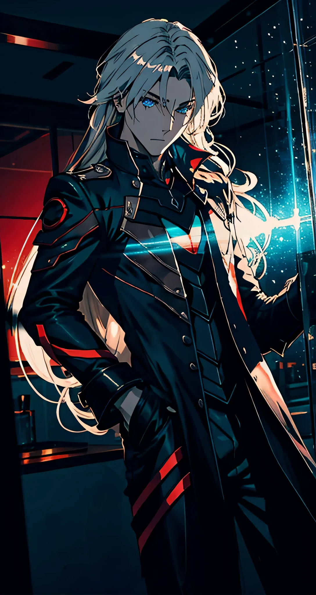 Generate an image of Raven Nightshade, a captivating character- male with striking blue eyes and tousled blond hair. lying facing toward glass Emphasize the mysterious and slightly eerie aura surrounding him, balancing the fine line between fear and fascination. Capture the essence of his allure, making sure his presence leaves a lingering impression. Mysterious, wallpaper art, highly detailed comic dark mature, blurry, red shadows, night