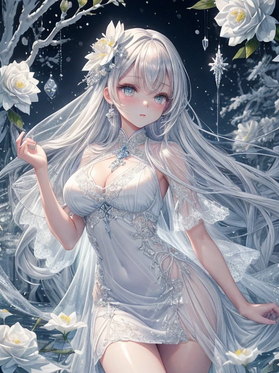 Paradise in Heaven, White lighting,(masutepiece), (Best Quality), (Cinematic), 8K, (art  stations), Li Yue painting style.(長いWhite hairとSilvery eyesを持つ1人の女), (Beautiful delicate face)、[ Particle Lou Full Moon] [Frozen trees々] [landscape crystal] [Lighting] [Ethereal Atmosphere]:1.1] [Fantasy, short story] [soft Lighting] [+Cinematic shot]:1.2 [+art  stations] [+luminous white background] [+soft Lighting] [soft glow] [Creative and dynamic angles]:1.3, [+Crystal Toning] 、masutepiece, ighly detailed, Ultra-detailed, Solo, (pale skin), Silvery eyes, White hair, (snowy background), (snowflake rosen flower:1.0), (shining crystal),, (Snowy ground), (White lashes), Female sexy、dreamy and detailed, Gorgeous setting, 妖しい雰囲気 masutepiece, The most beautiful scenes, An majestic、(((full of white flowers)))、quiet and serene atmosphere、A charming, all white tones,Inside the crystal library,Transparent flowers and falling snow，Many white roses are planted,(flowingwater,falls,water bloom),The decoration is also carefully done.,Dreamy（ighly detailedです，Creative Design，crisp and precise lines，K HD，best qualtiy，tmasterpiece，超hight resolution，4K）、Diverse poses、((beautiful white flower hair ornament))、Beautiful hairstyle、(Best Quality, 4K, 8K, hight resolution, masutepiece:1.2), Ultra-detailed, Detailed expression, Graceful posture, expressive brush strokes, mystic atmosphere, artistic interpretation,Delicate floral jewelry， (((Detailed design、Beautiful lace translucent dress、see-through small dress)))、(SFW:1.5), (Oversized breasts, best body proportions, proportions of large breasts,:1.5),(white decoration on thigh)、((Beautiful crystal accessories on the legs))。((Beautiful crystal accessories on the arm))、(((maikurobikini)))