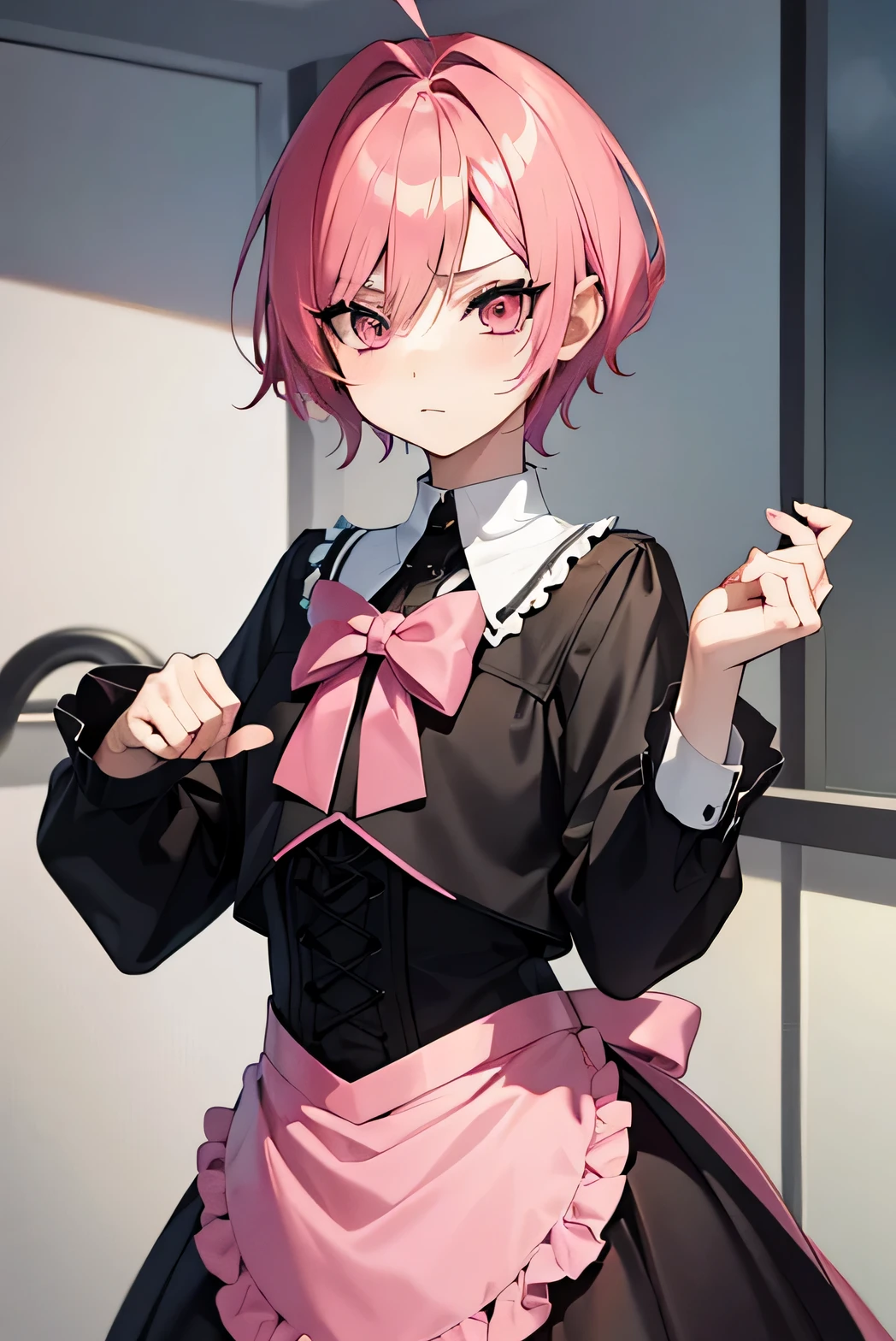 there is a cartoon picture of feminine boy with short pink hair, an anime drawing by Ei-Q, pixiv contest winner, gothic art, anime moe artstyle, 1 7 - year - old anime, anime style portrait, in an anime style, demon femboy, flat anime style, cute, crossdresser in school uniform, cute pose