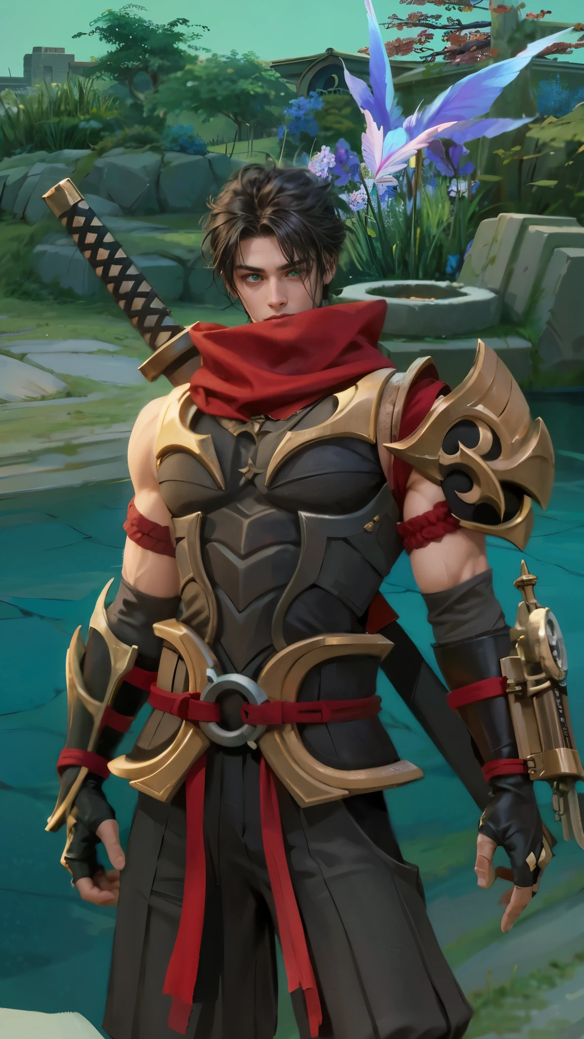 Best quality, masterpiece, detailed skin texture, detailed clothes texture, detailed face, super detail, 8k, intricate detail, 1 boy, The color doesn't change, Muscle guy, 1 guy, Attractive profile picture, masterpiece, ultra-precise rendering, beautiful and cool young man, trustworthy, dependable young man, savior of the world, design, most beautiful image, 4K, light green eyes, the color of the clothes is the same as the original, demon ninja, demon armor.