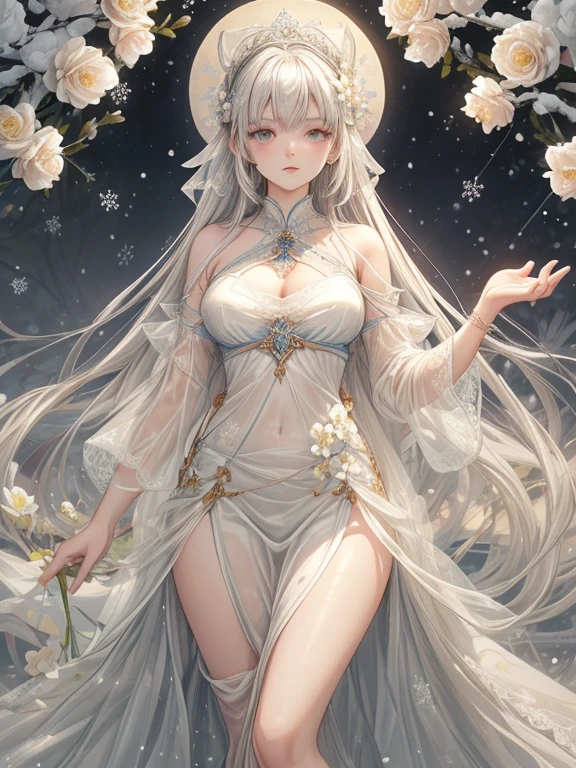 Paradise in Heaven, White lighting,(masutepiece), (Best Quality), (Cinematic), 8K, (art  stations), Li Yue painting style.(長いWhite hairとSilvery eyesを持つ1人の女), (Beautiful delicate face)、[ Particle Lou Full Moon] [Frozen trees々] [landscape crystal] [Lighting] [Ethereal Atmosphere]:1.1] [Fantasy, short story] [soft Lighting] [+Cinematic shot]:1.2 [+art  stations] [+luminous white background] [+soft Lighting] [soft glow] [Creative and dynamic angles]:1.3, [+Crystal Toning] 、masutepiece, ighly detailed, Ultra-detailed, Solo, (pale skin), Silvery eyes, White hair, (snowy background), (snowflake rosen flower:1.0), (shining crystal),, (Snowy ground), (White lashes), Female sexy、dreamy and detailed, Gorgeous setting, 妖しい雰囲気 masutepiece, The most beautiful scenes, An majestic、(((full of white flowers)))、quiet and serene atmosphere、A charming, all white tones,Inside the crystal library,Transparent flowers and falling snow，Many white roses are planted,(flowingwater,falls,water bloom),The decoration is also carefully done.,Dreamy（ighly detailedです，Creative Design，crisp and precise lines，K HD，best qualtiy，tmasterpiece，超hight resolution，4K）、Diverse poses、((beautiful white flower hair ornament))、Beautiful hairstyle、(Best Quality, 4K, 8K, hight resolution, masutepiece:1.2), Ultra-detailed, Detailed expression, Graceful posture, expressive brush strokes, mystic atmosphere, artistic interpretation,Delicate floral jewelry， (((Detailed design、Beautiful lace translucent dress、see-through small dress)))、(SFW:1.5), (Oversized breasts, best body proportions, proportions of large breasts,:1.5),(white decoration on thigh)、((Beautiful crystal accessories on the legs))。((Beautiful crystal accessories on the arm))、(((maikurobikini)))