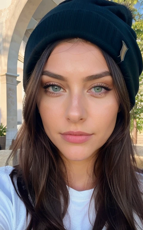 fotorealistisch, best quality, Hyper detailliert, gorgeous woman, Selfie-Foto, al fresco, Analoger Stil, Blick auf den Betrachter, close up, ultra-high resolution, Bester Schatten, .RAW, instagram LUT, schwarze haare, green eyes, beanie